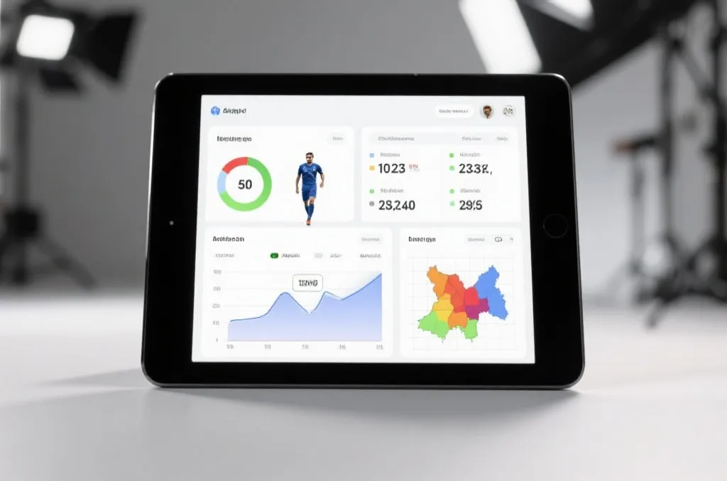 A clean, modern sports analytics dashboard interface displayed on a tablet screen, showing player scoring statistics and heatmaps